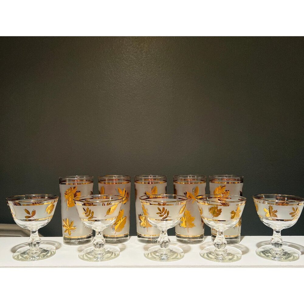 Mid-Century Libbey Gold Leaf Frosted Glasses Vintage Barware Tumblers & Goblets